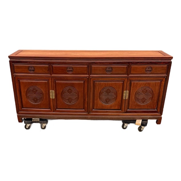 1960s Chinese Carved Rosewood Hand-Carved Long Life Sideboard Cabinet Buffet Server For Sale