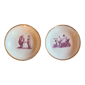 Antique 19th Century English Regency Porcelain Saucer Dishes With Adam Buck Domestic Scene in Puce Purple Circa 1810 - A Pair
