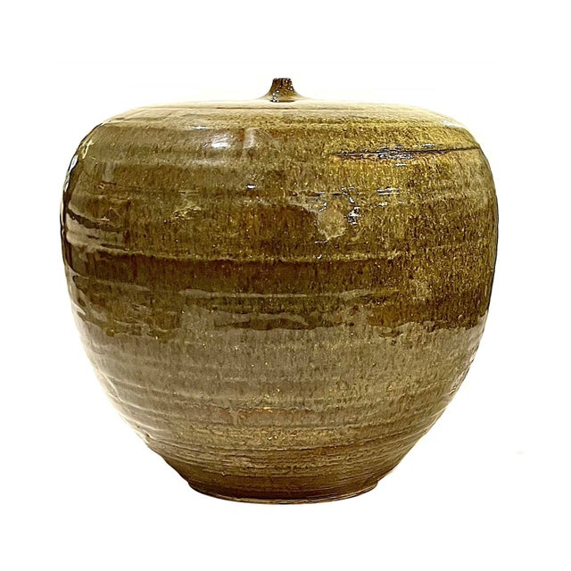 1980's Studio Pottery Olive Green Stoneware Vessel - Nipple Top Opening - Ken Edwards Montana Potter For Sale - Image 10 of 10
