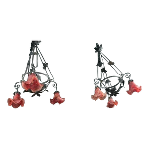 Pair of Late 20th Century Sculpted Iron & Venetian Glass Hanging Lights