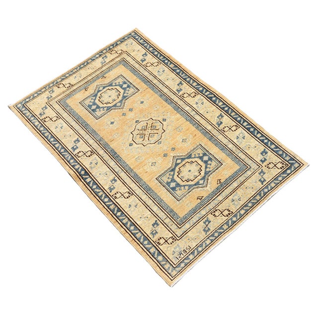 Textile 3x5 Antique-Style Apricot & Blue Medallion Rug, Ariana Hazara Caucasian Design For Sale - Image 7 of 8