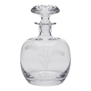 Vintage Etched Wheat Crystal Glass Decanter With Cut Mushroom Stopper For Sale
