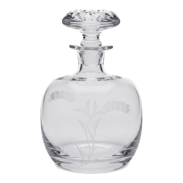 Vintage Etched Wheat Crystal Glass Decanter With Cut Mushroom Stopper For Sale