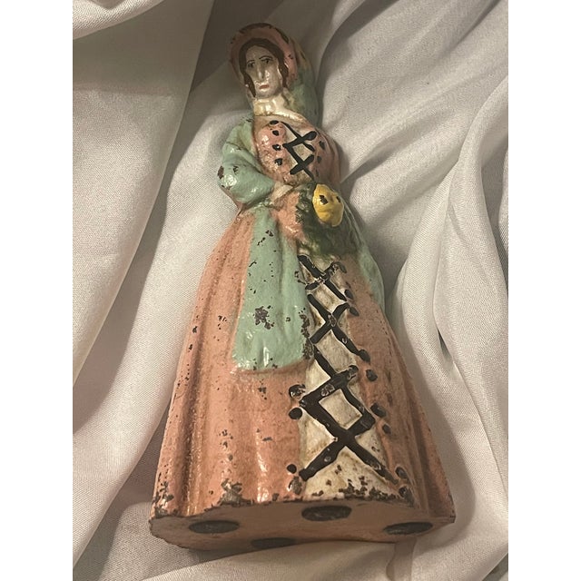 Antique Cast Iron Doorstop W Victorian Lady in Peachy Pink Colonial Attire & Sunflower Bonnet For Sale - Image 12 of 12