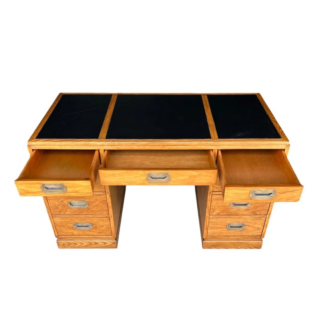 Sligh-Lowry Furniture Co. Vintage Campaign-Style Oak Executive Desk With Black Leather Inlay For Sale - Image 4 of 12