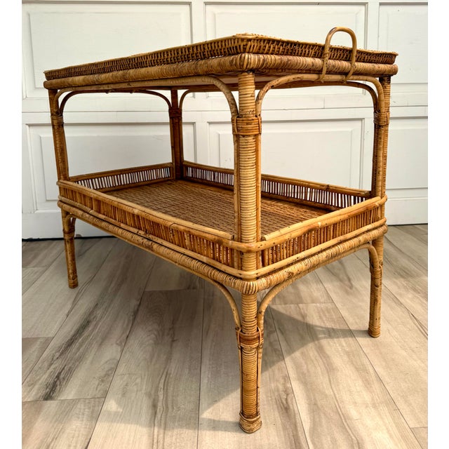 Vintage Bamboo, Rattan & Wicker Two-Tier Console Display Table With Tray Top For Sale - Image 12 of 15