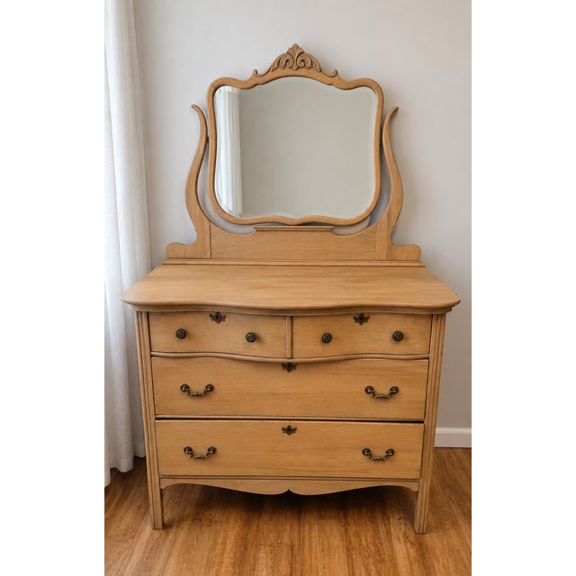 Wood Restored Antique 4 Drawer Dresser With Original Mirror For Sale - Image 7 of 10