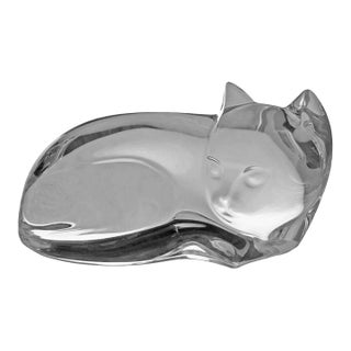 Val St. Lambert Crystal Napping Cat Figure Artist Signed De Sousa Large 7 Inch L For Sale