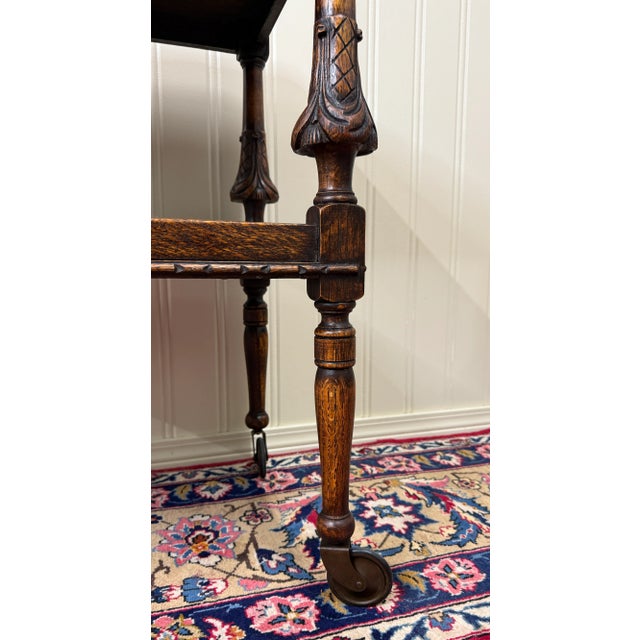 1920s Antique English Trolley Tea Cart Pastry Cocktail Bar Cart Tray Tudor Oak 1930s For Sale - Image 5 of 18