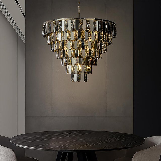 Aloadecor 12-Light Dimmable 7-Tier Smoked Crystal Chandelier Large Modern Luxury Pendant Light With Polished Nickel Finish and Stainless Steel Accents For Sale In Houston - Image 6 of 9