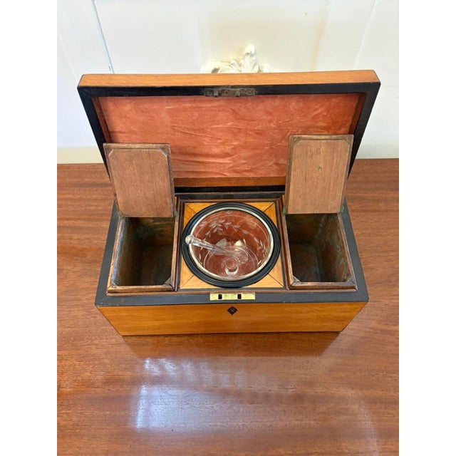 Brown Antique Georgian Satinwood Tea Caddy Box with Glass Bowl and Mixing Stick, 1780 For Sale - Image 8 of 9