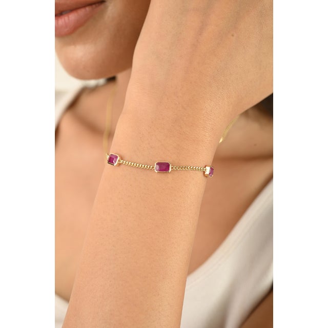 14k Gold Ruby Station Bracelet Minimalist July Birthstone Chain Jewelry For Sale - Image 4 of 12