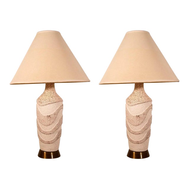 Waved Textured Ceramic Lamps Mid Century Modern - A Pair For Sale