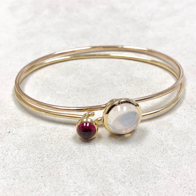 Syna Moon Quartz and Rubellite Yellow Gold Pair of Stacking Bracelets For Sale In New York - Image 6 of 12
