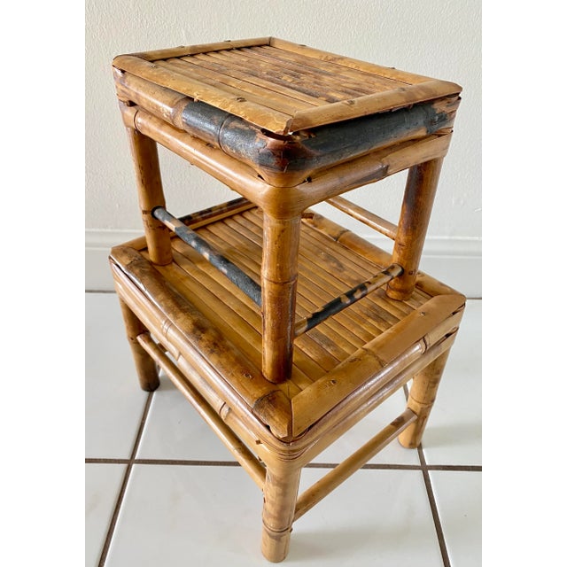 Vintage Bamboo Nesting Stools Rattan Plant Risers - Set of 3 For Sale - Image 4 of 13