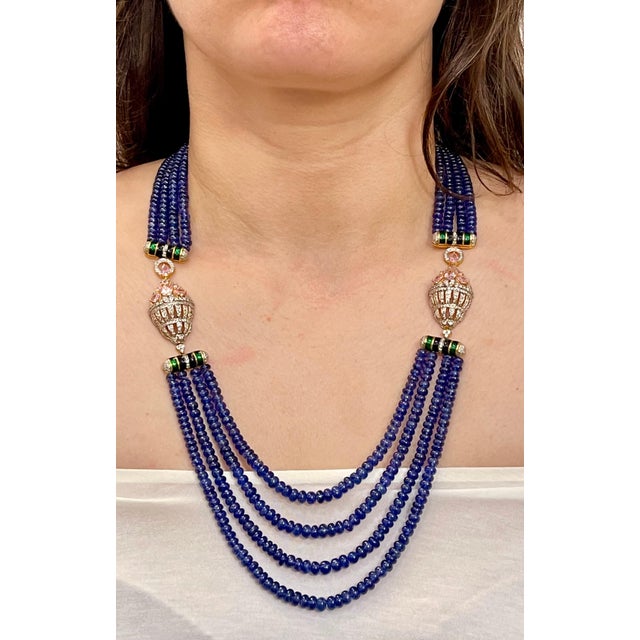 575 Ct Natural Tanzanite Bead Four Strand Necklace + 6.5 Ct Diamond 14 K Y Gold For Sale - Image 14 of 18