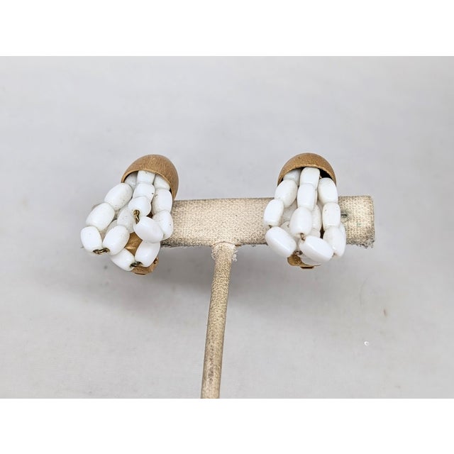 Mid-Century Modern Vintage 1960s Signed Napier Goldtone Looped White Bead Drop Clip Earrings-2 Pieces For Sale - Image 3 of 8