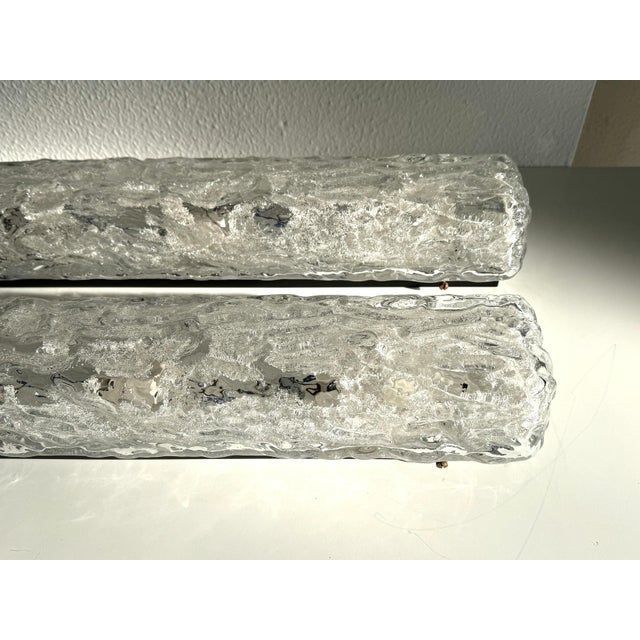Metal Large Mid-Century Ice Glass Mirror Wall Sconces in Textured Art Glass from Limburg, 1970s, Set of 2 For Sale - Image 7 of 14