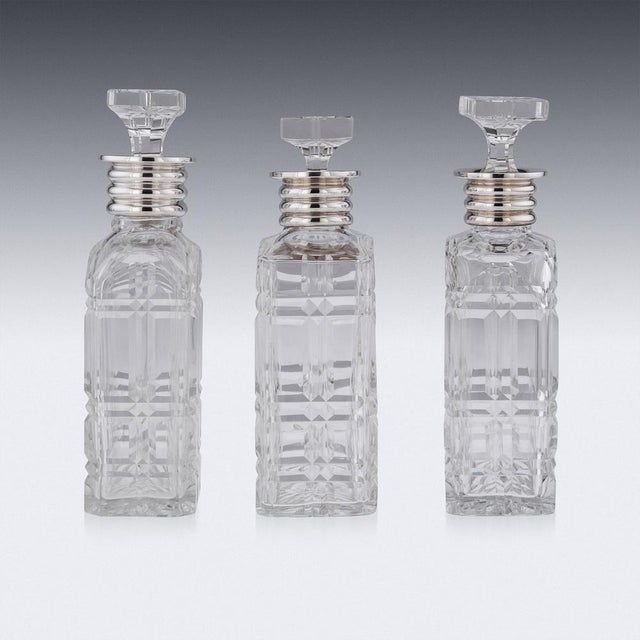 20th Century English Art Deco Solid Silver & Cut Glass Decanters, 1910s, Set of 3 For Sale - Image 6 of 18