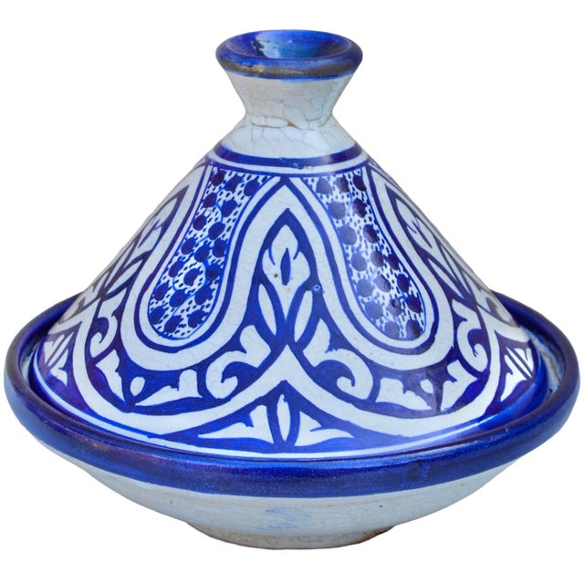 Moroccan Early 20th Century Handmade Blue-Patterned Moorish Ceramic Lidded Bowl For Sale - Image 3 of 11