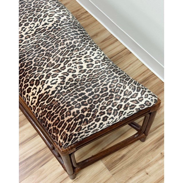 Brown Vintage Chinoiserie Style Leopard Print Velvet Upholstered Rattan Bench For Sale - Image 8 of 9