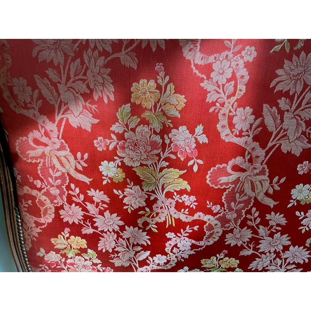 Wood Vintage French Carved Walnut Upholstered Double Bed Frame Red Floral Damask Louis XV Style For Sale - Image 7 of 9