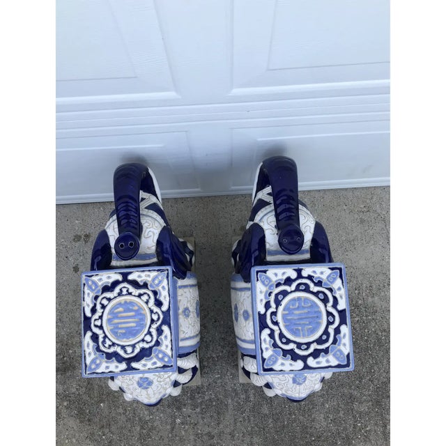 Blue & White Ceramic Elephant Good Luck Trunk Up Garden Stools a Pair