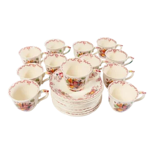 Vintage Mason's Ironstone Fruit Basket Demitasse Cups and Saucers Set- 12 Pieces