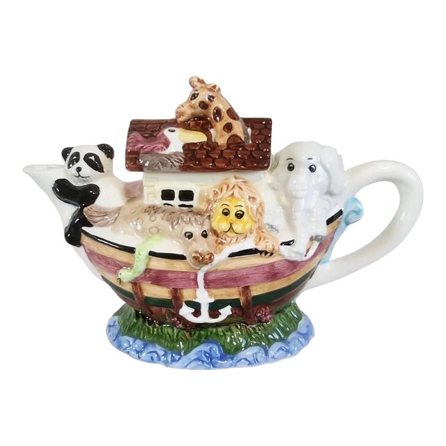 Vintage Noah's Ark Teapot Hand Painted Ceramic W/Lid New World Specialties Nwot For Sale