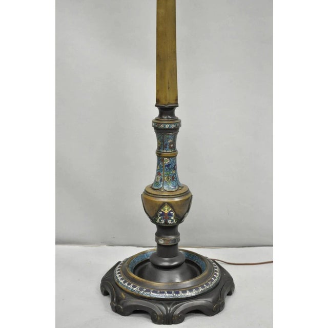Chinoiserie Antique Cloisonne Chinese Patinated Bronze Porcelain Enamel Pole Floor Lamp For Sale - Image 3 of 15