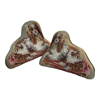 King Charles Spaniel Petit Point and Velvet Pillows, a Pair For Sale