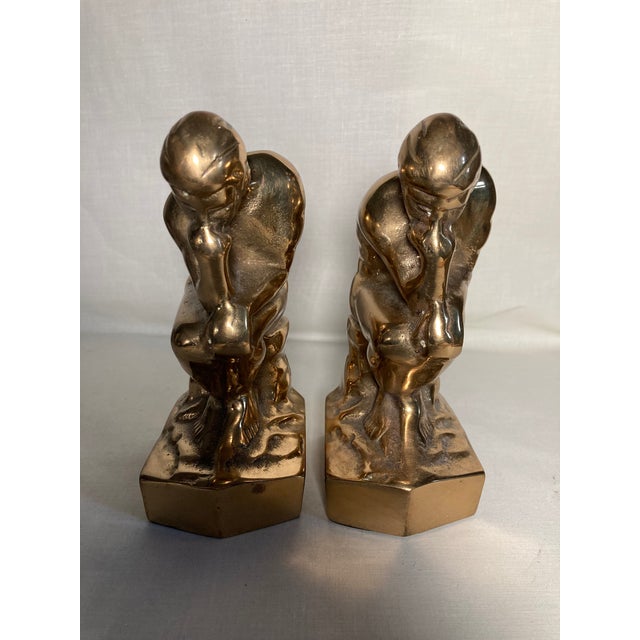 Vintage Detailed Cast Metal Brass Bookends the Thinker Thinking Man a