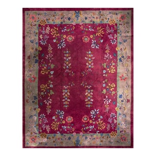 1920s Ruby Red Floral Vase Antique Chinese Art Deco Knotted Wool Rug 9' X 11'9" For Sale