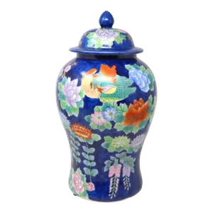 Vintage 18-Inch Cobalt Blue Flowers and Ducks Ginger Jar