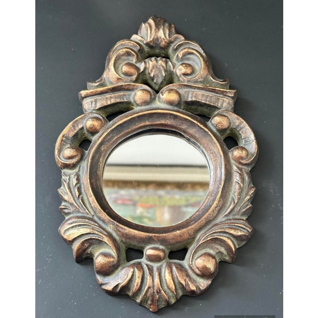 Vintage Venetian Gilded Mirror – Ornate Italian Tole Carved Frame, Petite Accent Mirror For Sale In Denver - Image 6 of 8
