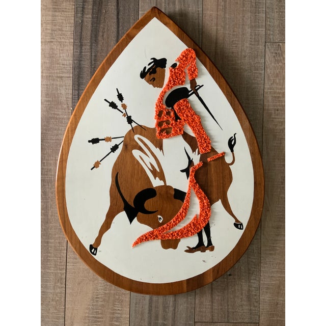 Wood Vintage Mid-Century Modern Bull Fighting Matador on Teardrop Teak Wood Popcorn Shirt- Set of 3 For Sale - Image 7 of 10