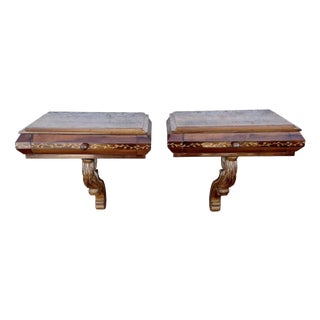 Spanish Wall-Mounted Wood Nightstands with Floral Inlay, 1930, Set of 2 For Sale