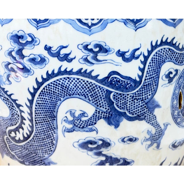 10" Chinese Blue White Porcelain Double Dragons Round Shape Stand Display Art For Sale - Image 16 of 18
