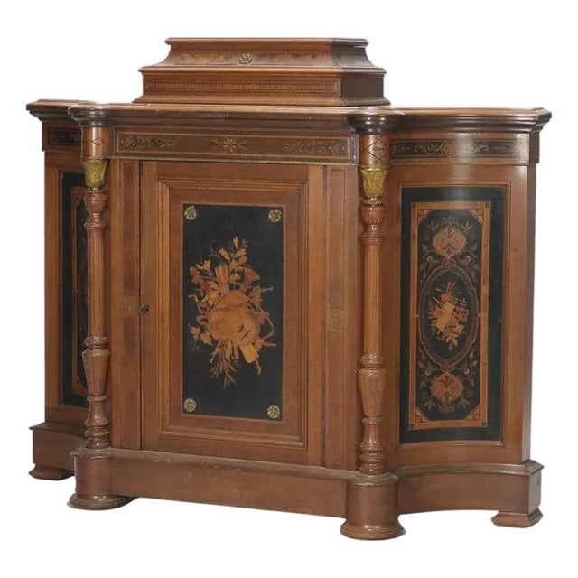 Antique Renaissance Revival Carved Walnut & Ormolu Credenza With Marquetry C1880 For Sale