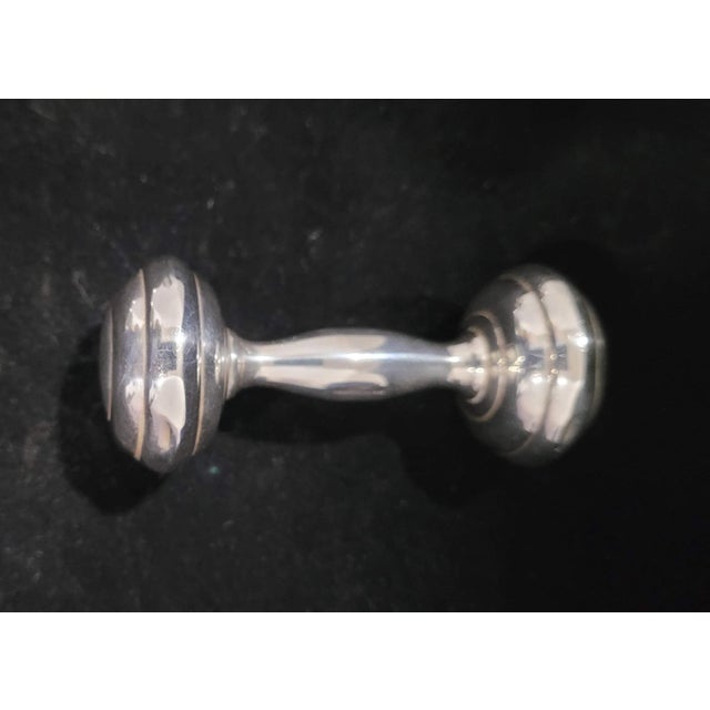 Silver Mid-Century Tiffany & Co. Sterling Silver Barbell Baby Rattle Monogramed 3.5 In For Sale - Image 8 of 9
