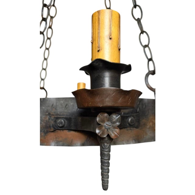 Antique Hand Forged Iron Chandelier With Flowers and Original Patina For Sale - Image 4 of 9