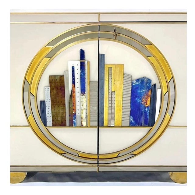 Wood Italian Art Deco Style Cabinet / Server With New York Skyline Glass Decoration For Sale - Image 7 of 10