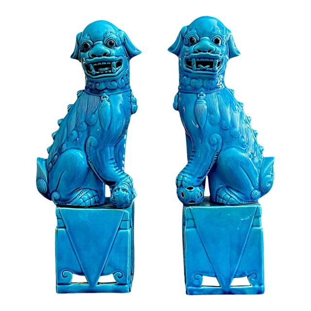 Vintage Pair Turquoise Blue Chinese Foo Dogs Guardian Lions on Pedestals – 12” Tall For Sale