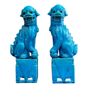 Vintage Pair Turquoise Blue Chinese Foo Dogs Guardian Lions on Pedestals – 12” Tall