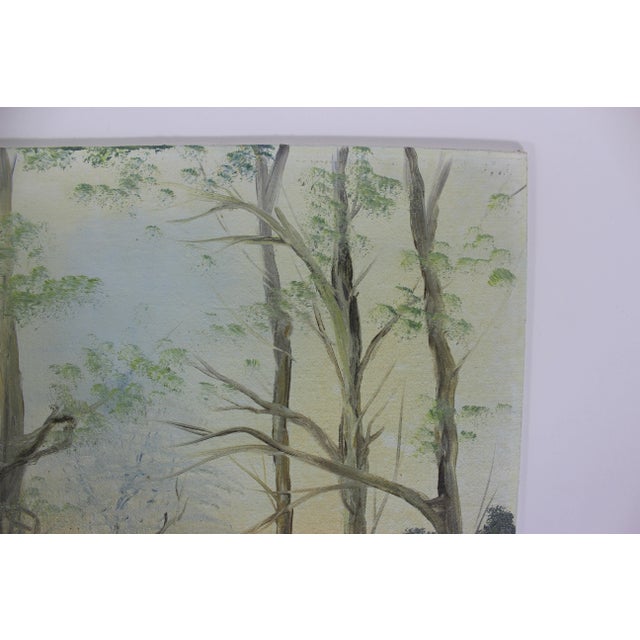 Cabin Vintage Landscape Oil Painting, Original Art, Signed by Artist Trees, Unframed For Sale - Image 3 of 10