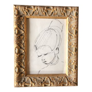 1970’s Original Abstract Pen & Ink Female Portrait Drawing Ornate Vintage Frame For Sale