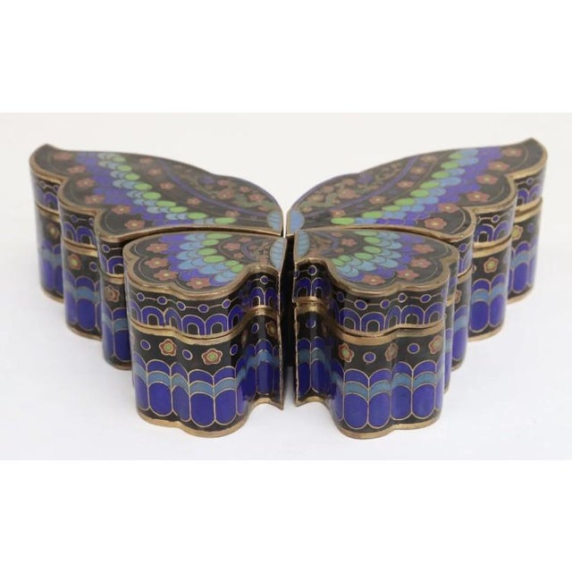 4 Vintage Cloisonne Boxes in the form of a Butterfly. Two boxes are 2.1" x 2.25" x 1.83" and two boxes are 2.1" x 4.8" x...