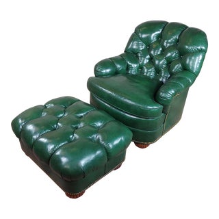 Hancock & Moore Tufted Green Leather Club Chair W/Ottoman For Sale
