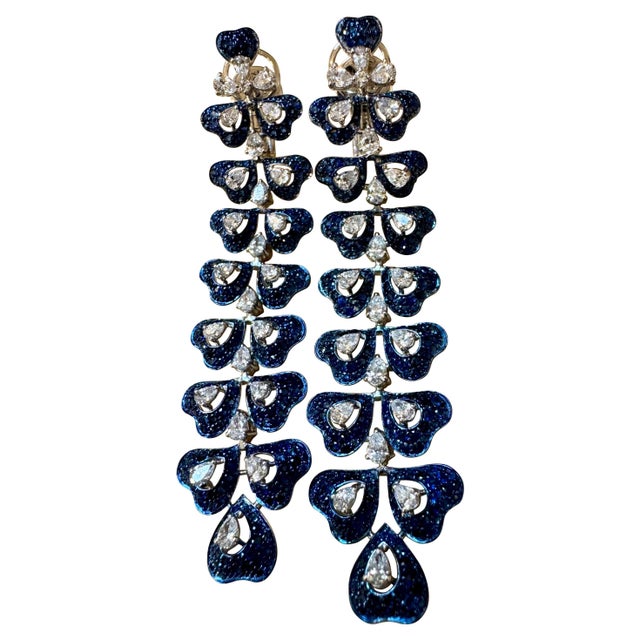 6 Ct Natural Blue Sapphire & 3 Ct Diamond hanging Earrings 18Kt White Gold 3" For Sale - Image 15 of 18