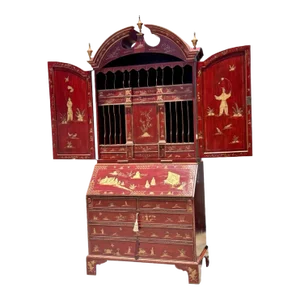 18th C Style George I Red & Gold Chinoiserie Secretary Desk by Burton-Ching